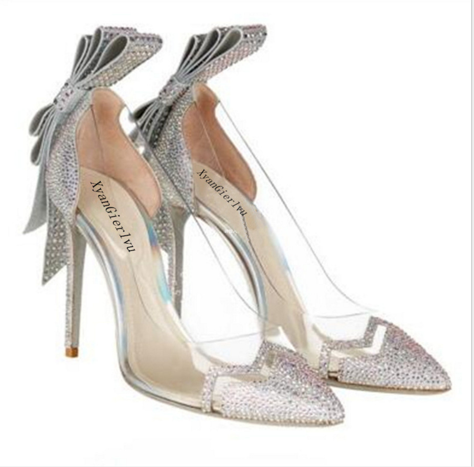 Bowknot Crystal Transparent Low Cut Stiletto High Heels Bridal Shoes