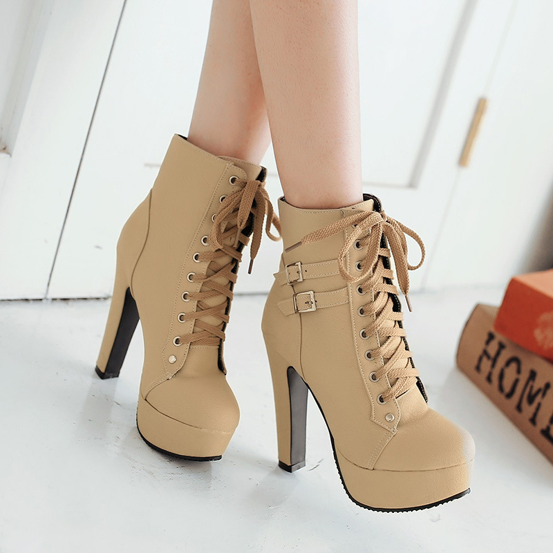 Lace Up Round Toe Platform Stiletto High Heels Short Martin Boots