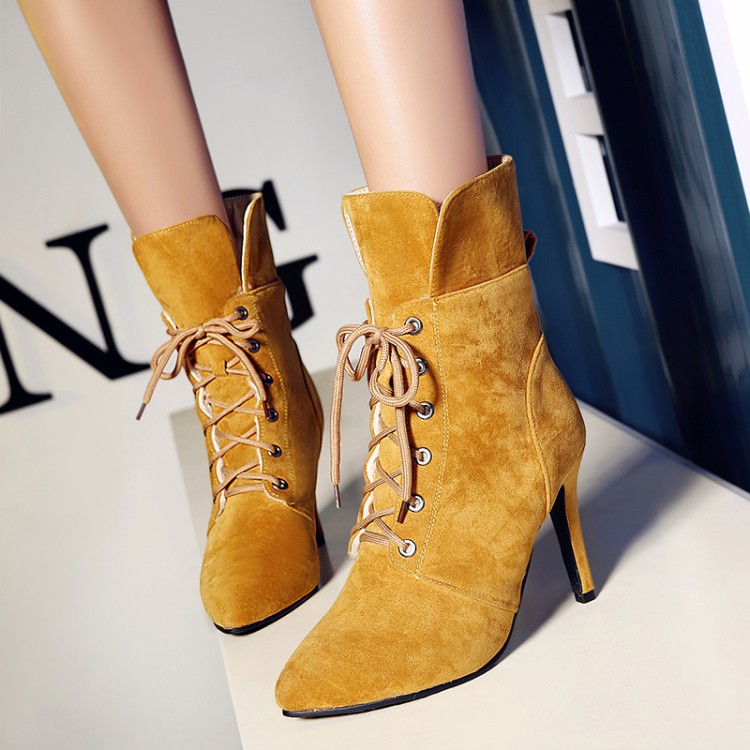 Pointed Toe Lace Up Solid Color Short High Heels Boots
