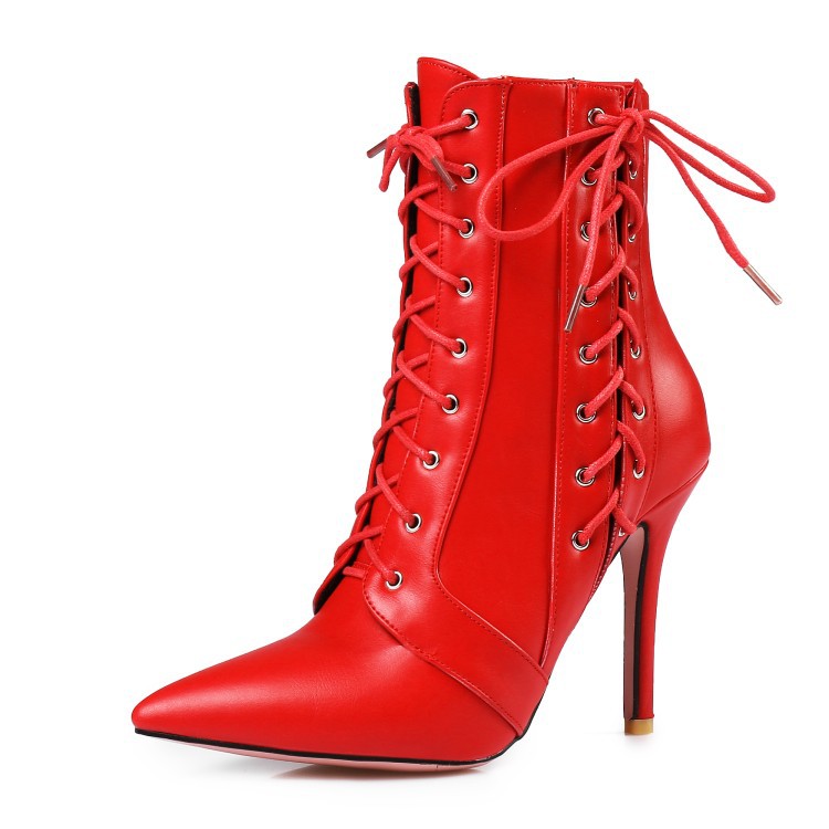 Lace Up Pointed Toe Stiletto High Heels Short Boots