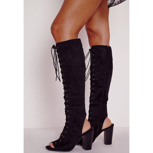 Peep-toe Lace-up Knee-high Chunky Heel Boots