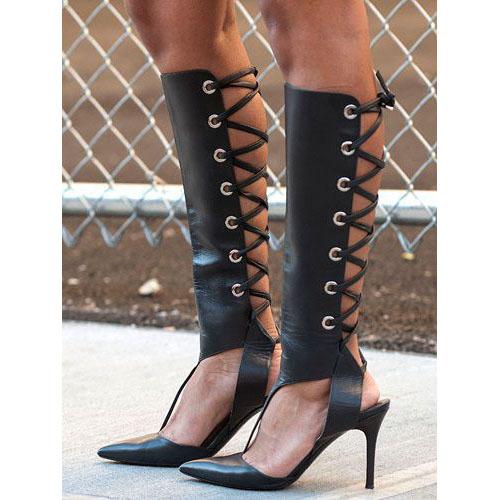 Pointed Toe Leather Knee-length Corsetry-inspired High Heel Pumps