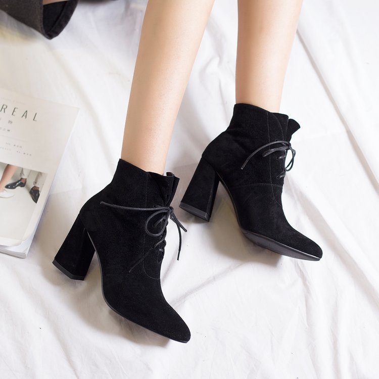 Faux Suede Lace-up Pointed-toe Block Heel Ankle Boots