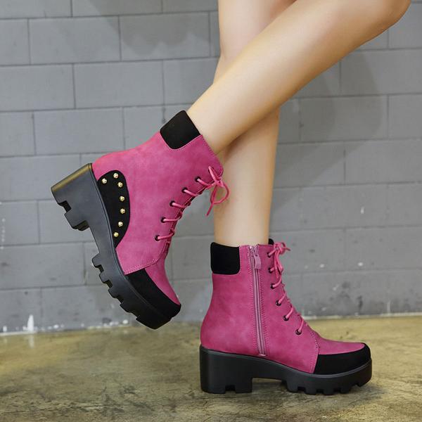 Round Toe Patchwork Platform Low Chunky Heels Short Boots