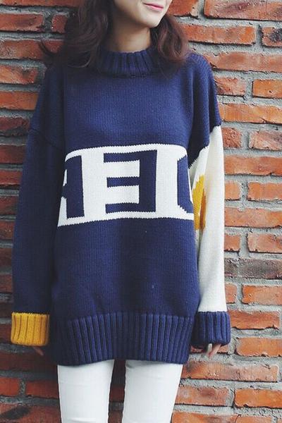 Letter Print Patchwork Loose Knitwear Sweater