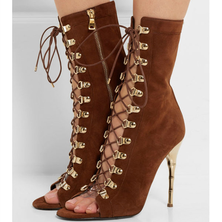 Lace Up Side Zipper Peep Toe Stiletto High Heels Short Boot Sandals