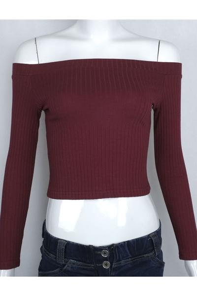 Ribbed Knit Off-the-shoulder Long Sleeves Crop Top