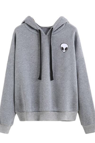 Drawstring Hood Long Cuffed Sleeves Pullover Featuring Alien Graphic