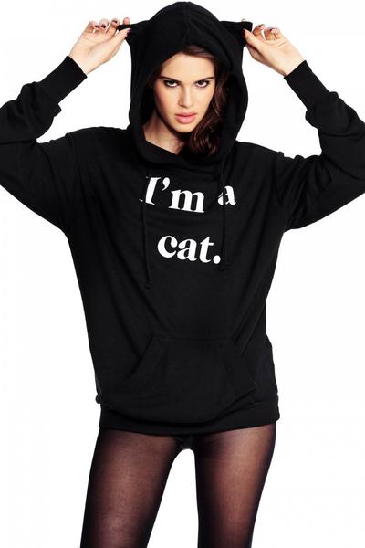 “i’m A Cat” Black Cat Ear Hood Long Cuffed Sleeves Pullover