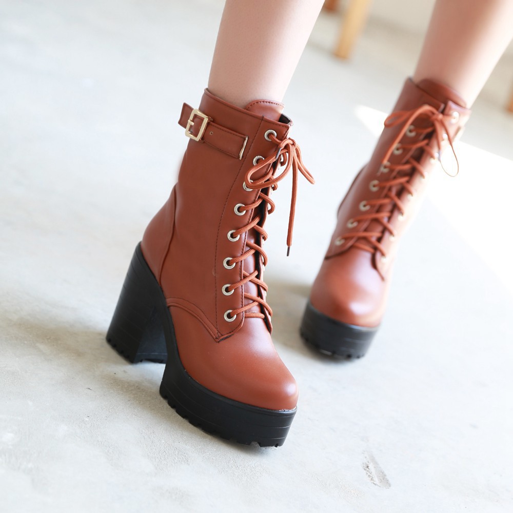 High Platform Lace Up Middle Chunky Heel Short Matin Boots
