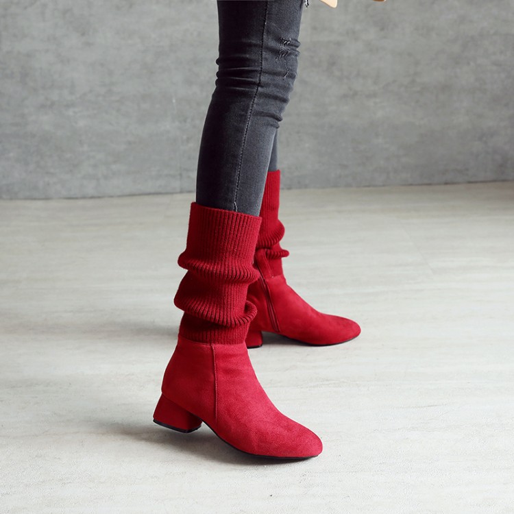 Patchwork Round Toe Low Chunky Heel Half Boots