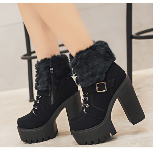 Pu Pure Color Lace-up Chunky Heel Round Toe High Heels