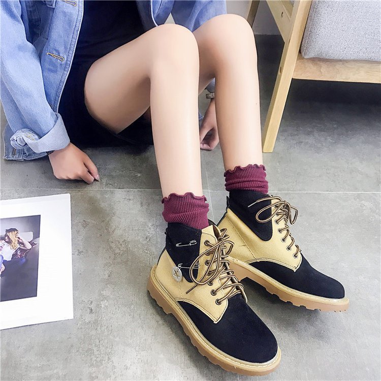 Scrub Patchwork Chunky Heel Round Toe Short Boots on Luulla