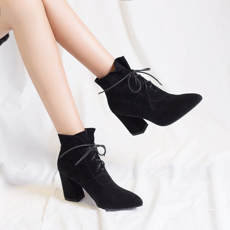 Faux Suede Pointed-toe Lace-up Chunky Heel Ankle Boots