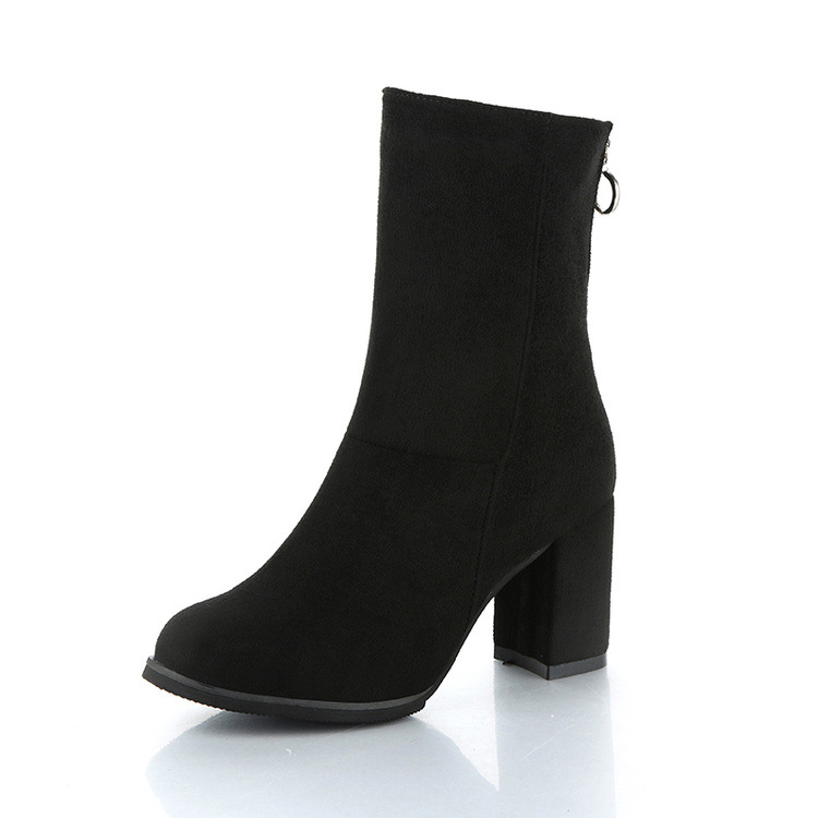 Pu Pure Color Round Toe Chunky Heel Zipper Short Boots