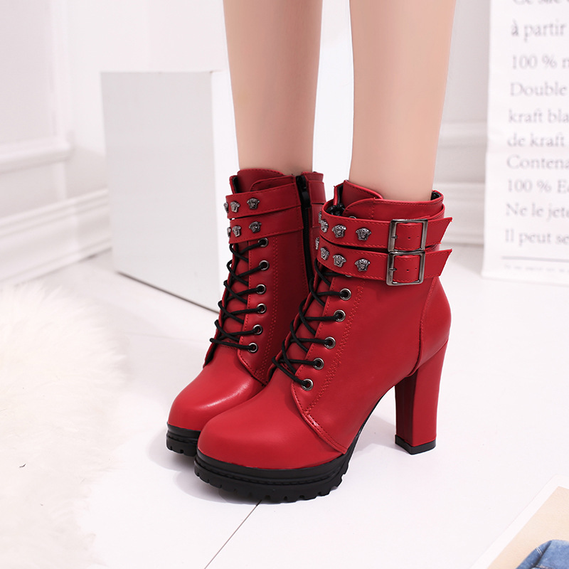 Pu Pure Color Chunky Heel Round Toe Lace-up High Heel Boots