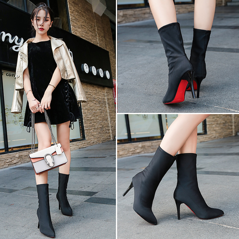 Black Pointed toe Mid calf High Heel Sock Boots on Luulla