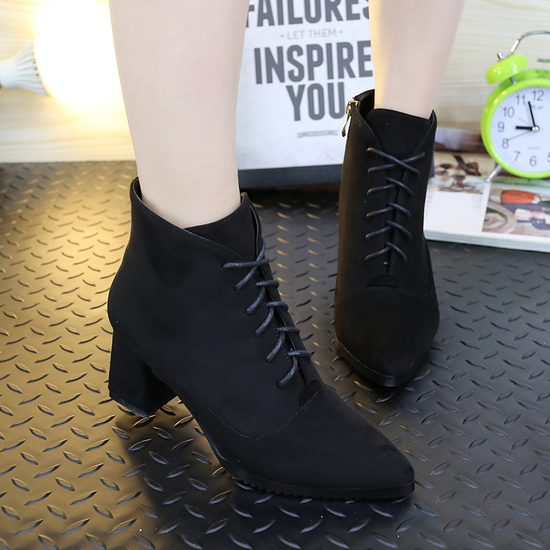 Suede Pure Color Chunky Heel Pionted Toe Lace-up Short Boots