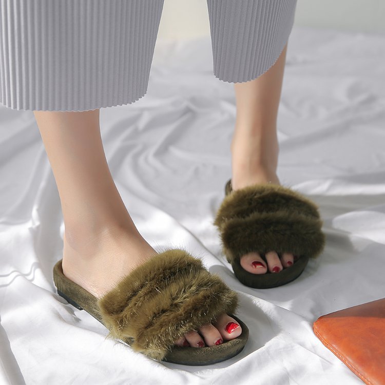 Peep-toe Fur Flip-flop Flat Slippers