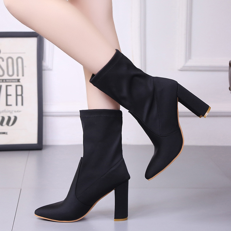 Black Pointed-toe Mid-calf Chunky Heel Sock Boots