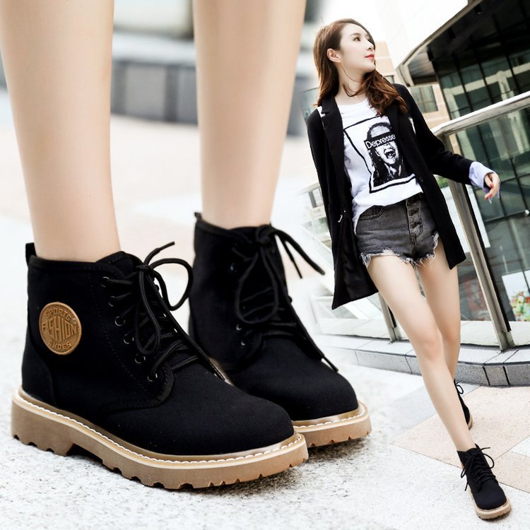 Pure Color Cloth Chunky Heel Round Toe Lace-up Short Boots