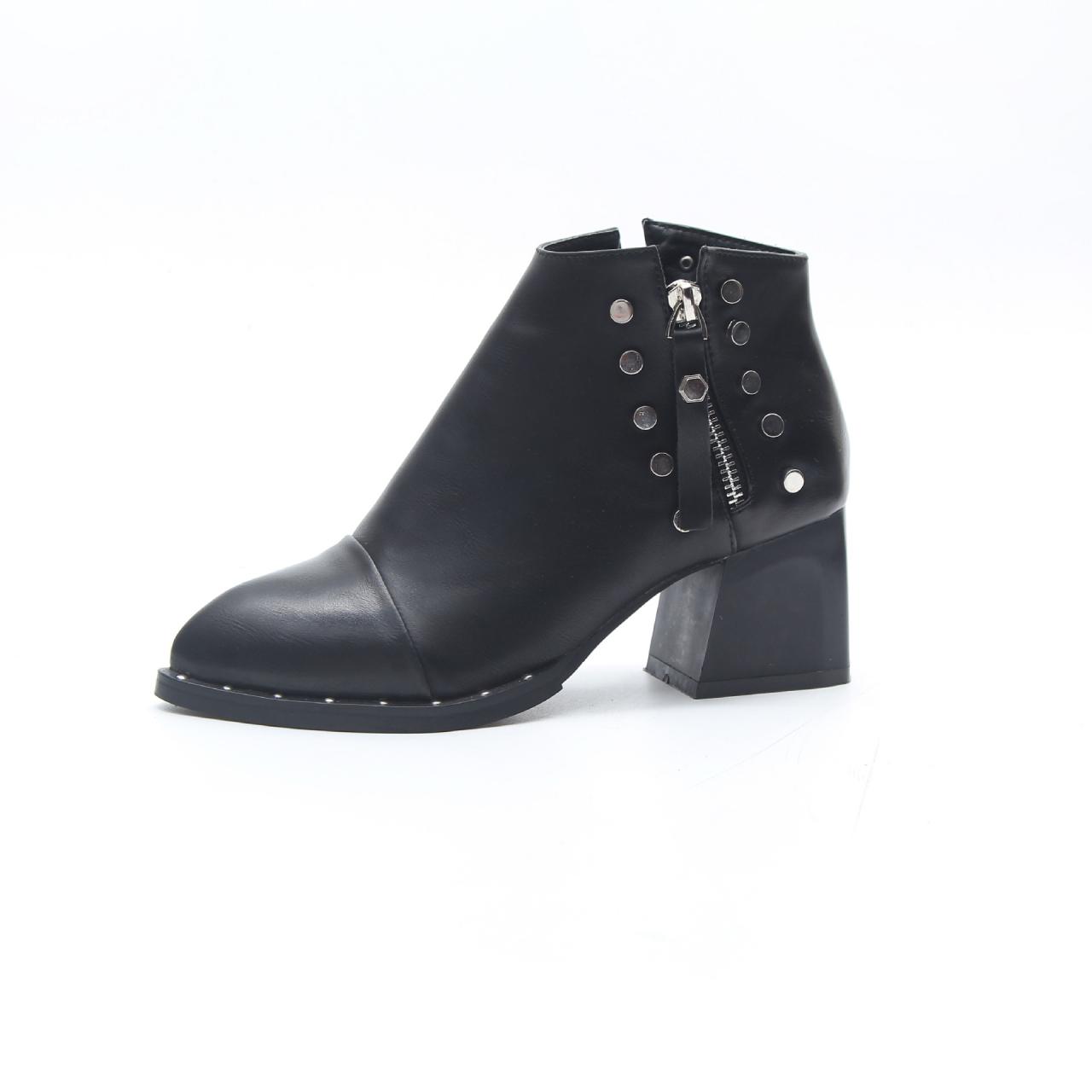 Pure Color Pu Chunky Heel Round Toe Zipper Short Boots