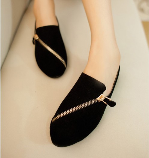 Faux Suede Rounded-toe Loafers Featuring Gold Zipper Detailing