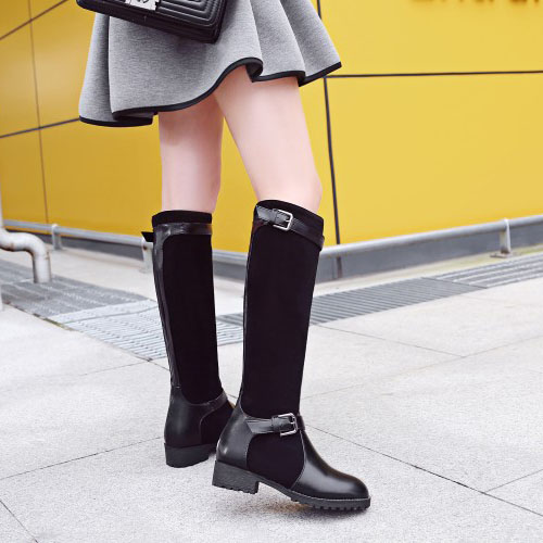 Scrub Chunky Heel Pure Color Round Toe Long Boots on Luulla