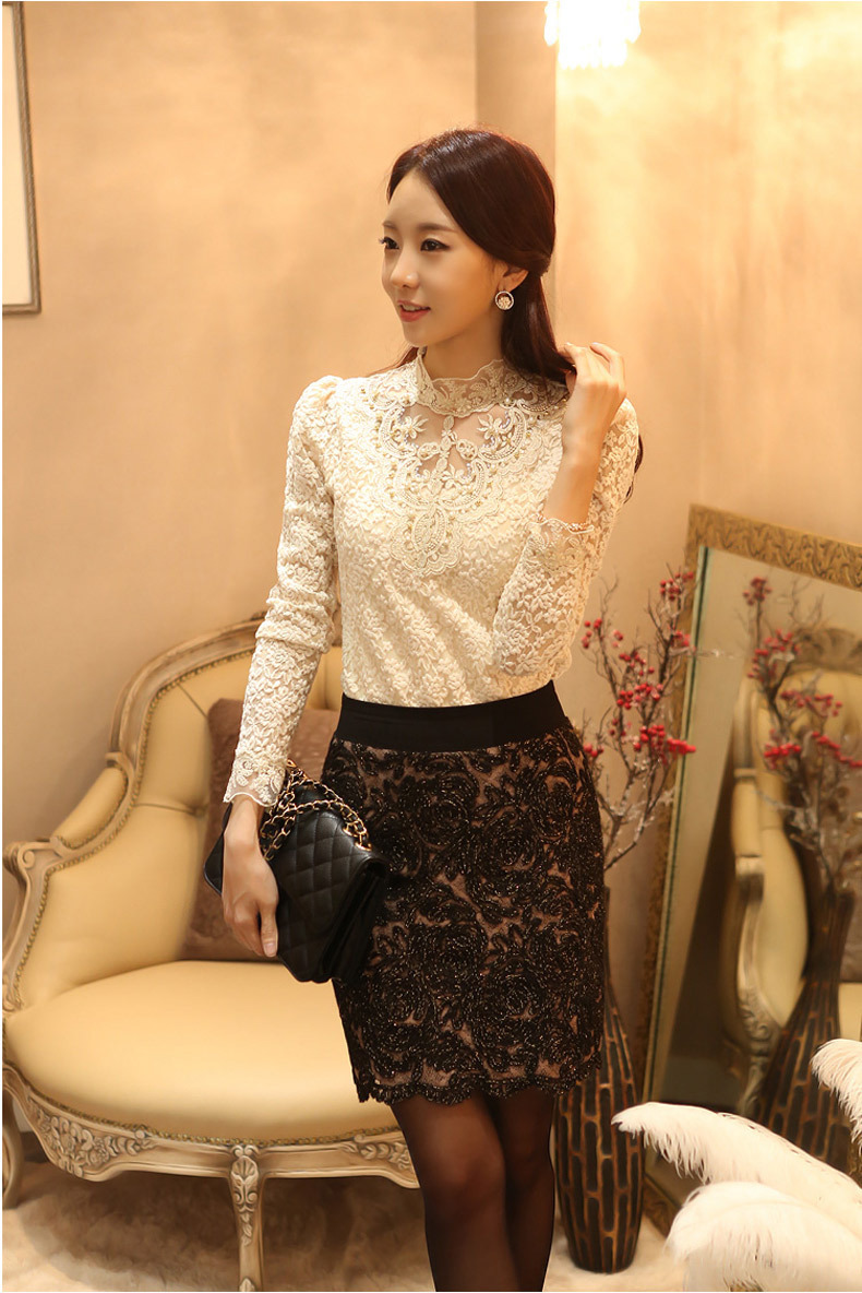 Sexy High-necked Lace Pure Color Patchwork Long Sleeves Long Blouse