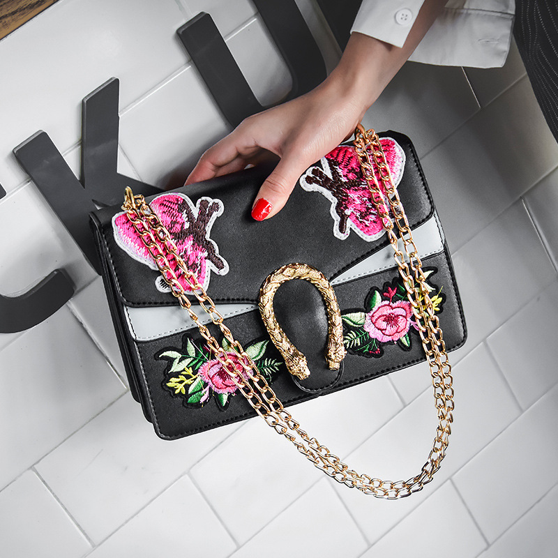 Floral Embroidered Front Flap Chained Crossbody Bag