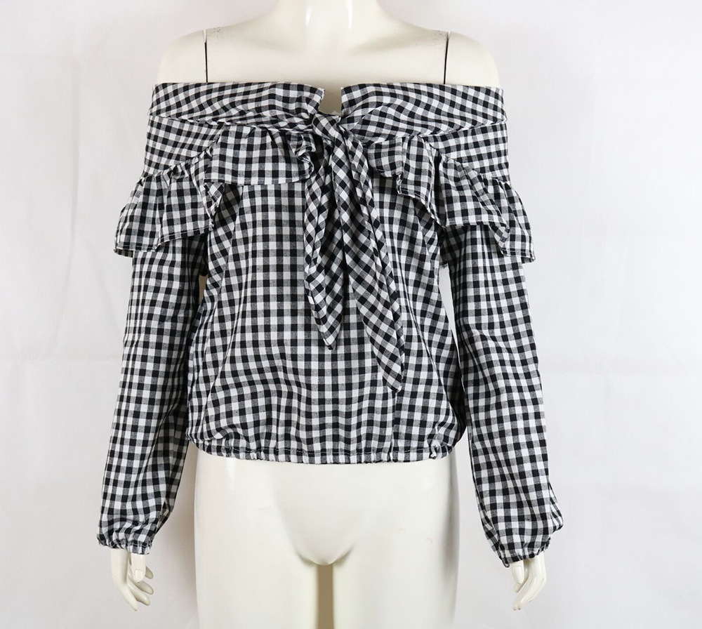 Black White Gingham Tie-accent Off-the-shoulder Long Cuffed Sleeves Blouse Featuring Ruffles
