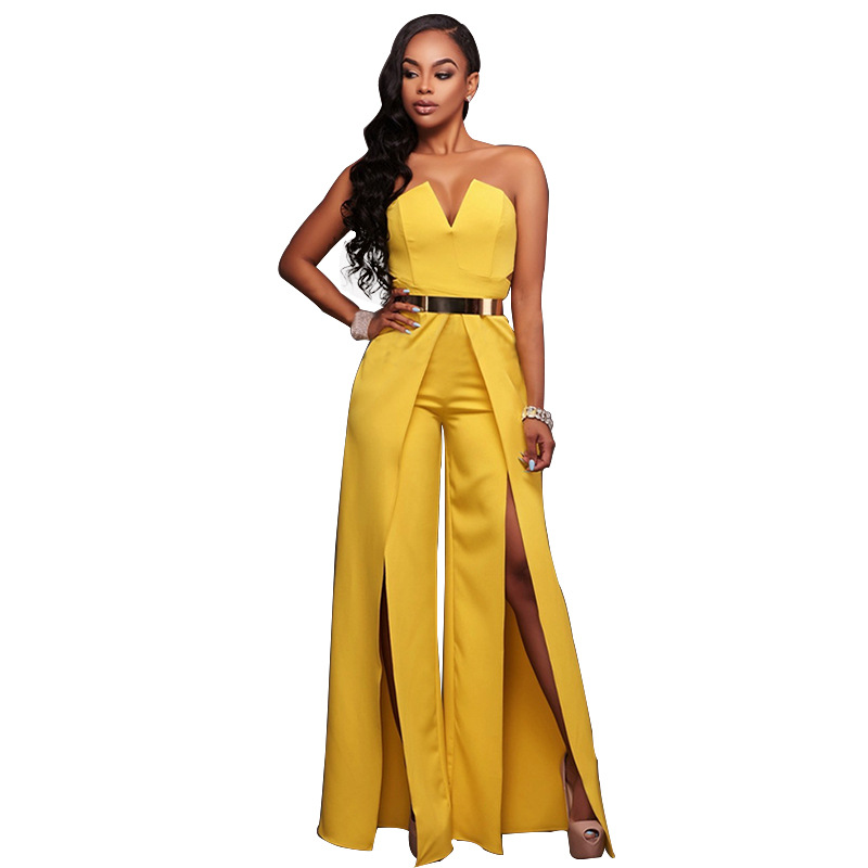 Irregular Sleeveless Strapless High Waist Long Split Wide-leg Jumpsuits