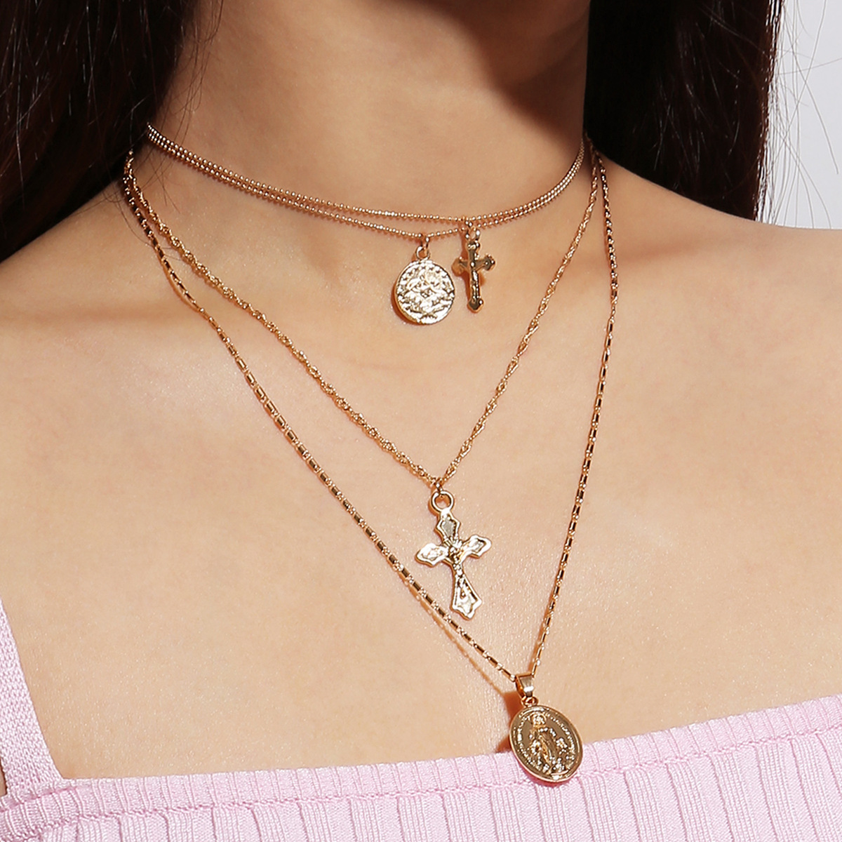 Fashion Multi-layered Lady's Cross Necklace