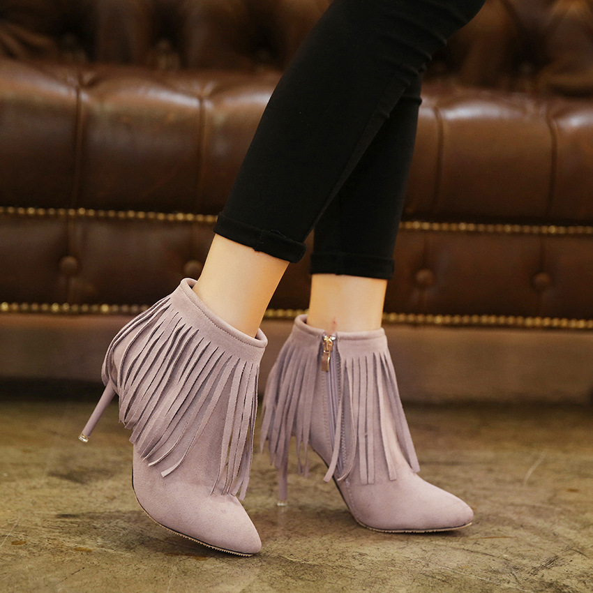Tassels Suede Stiletto Heel Pointed Toe Zipper Ankle Boots on Luulla