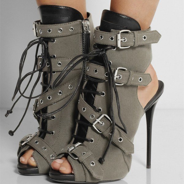 Canvas Hasp Straps Stiletto Heel Peep-toe Ankle Boot High Heel