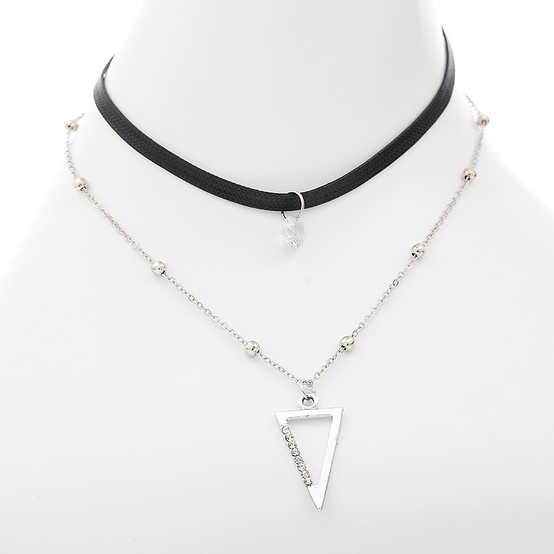 Triangle Pendant Leather Strap Alloy Clavicular Necklace