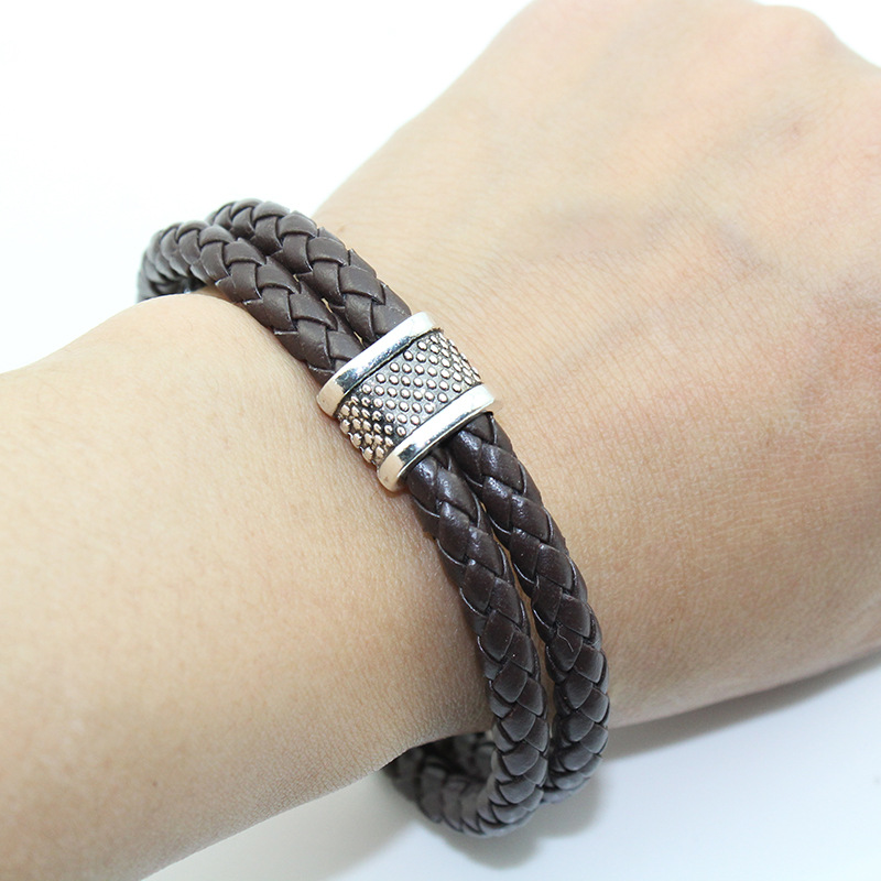 Fashion Stainless Steel Hollow-out Genuine Leather Woven Bracelet