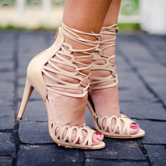 Cut Out Straps Peep Toe Ankle Lace Up Stiletto High Heel Sandals