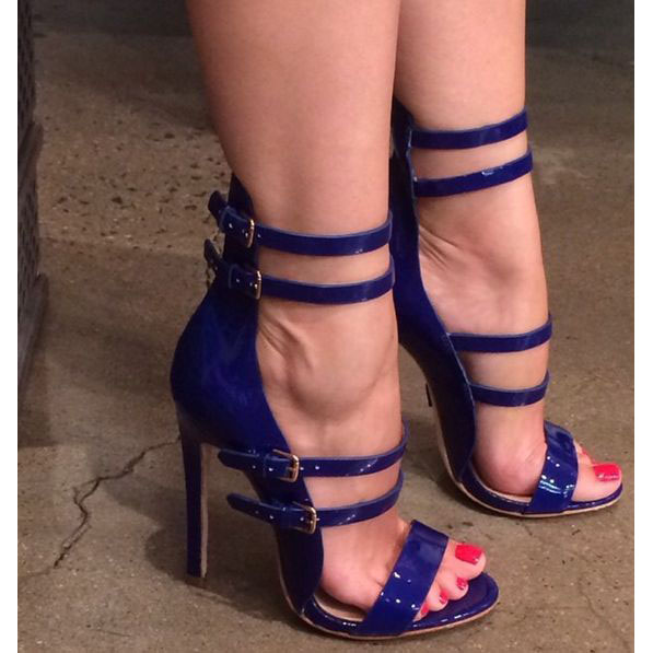 Simple Open Toe Ankle Straps Stiletto High Heel Blue Party Sandals