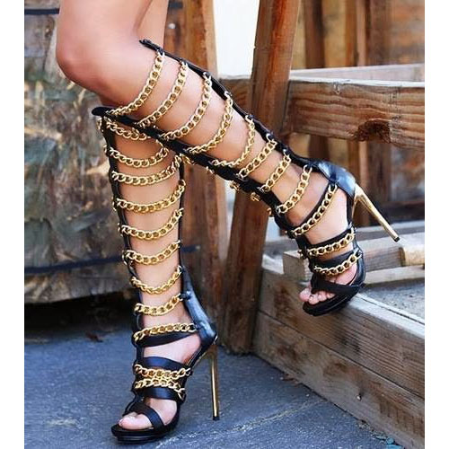 Gold Chain Open Toe Zipper Stiletto High Heel Long Boot Sandals on