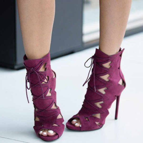 Hollow Out Peep Toe Lace Up Ankle Boot Stiletto High Heel Sandals