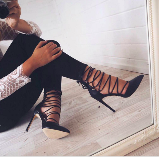 Black Lace-up Pointed-toe High Heel Stilettos