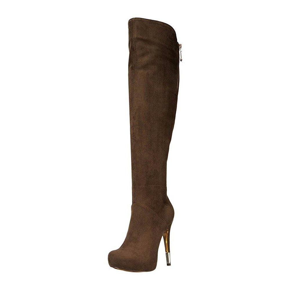 Suede Stiletto Heel Round Toe Zipper Over The Knee Brown Long Boots