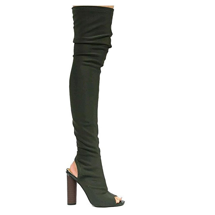 Peep toe thigh high chunky heel boots best sale