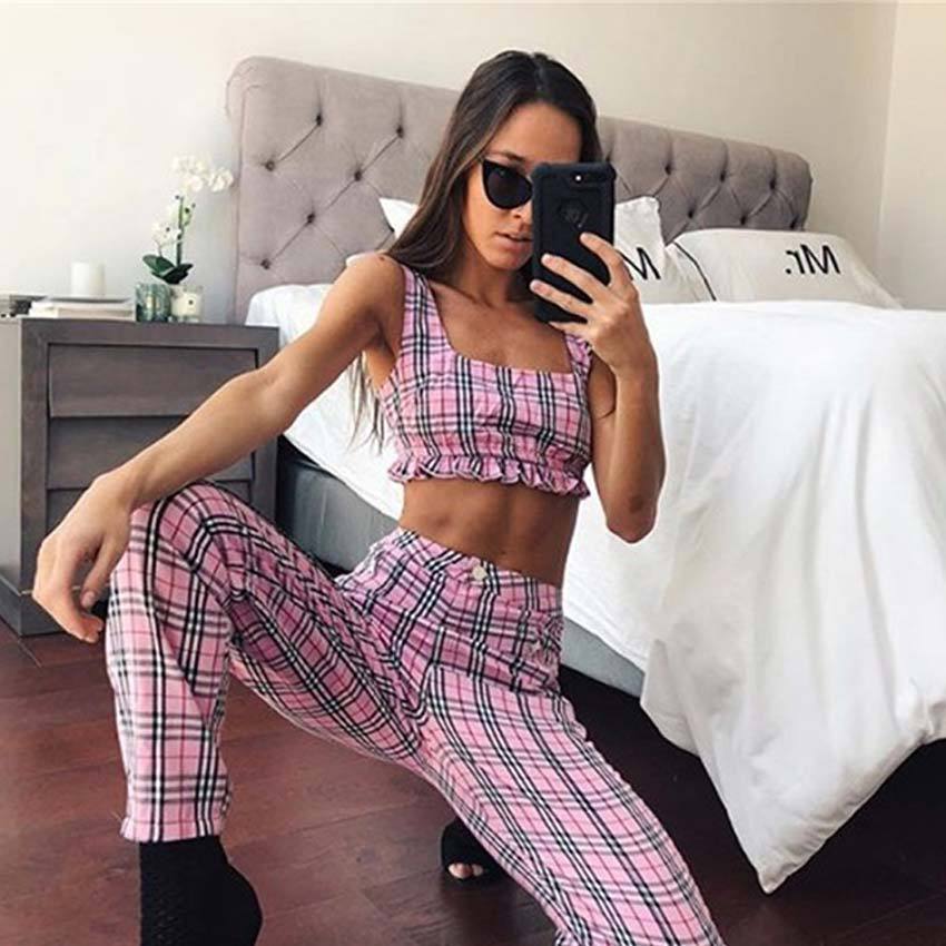 Plaid Falbala Cami Crop Top With High Waist Pencil Long Pants Two Pieces Outfit