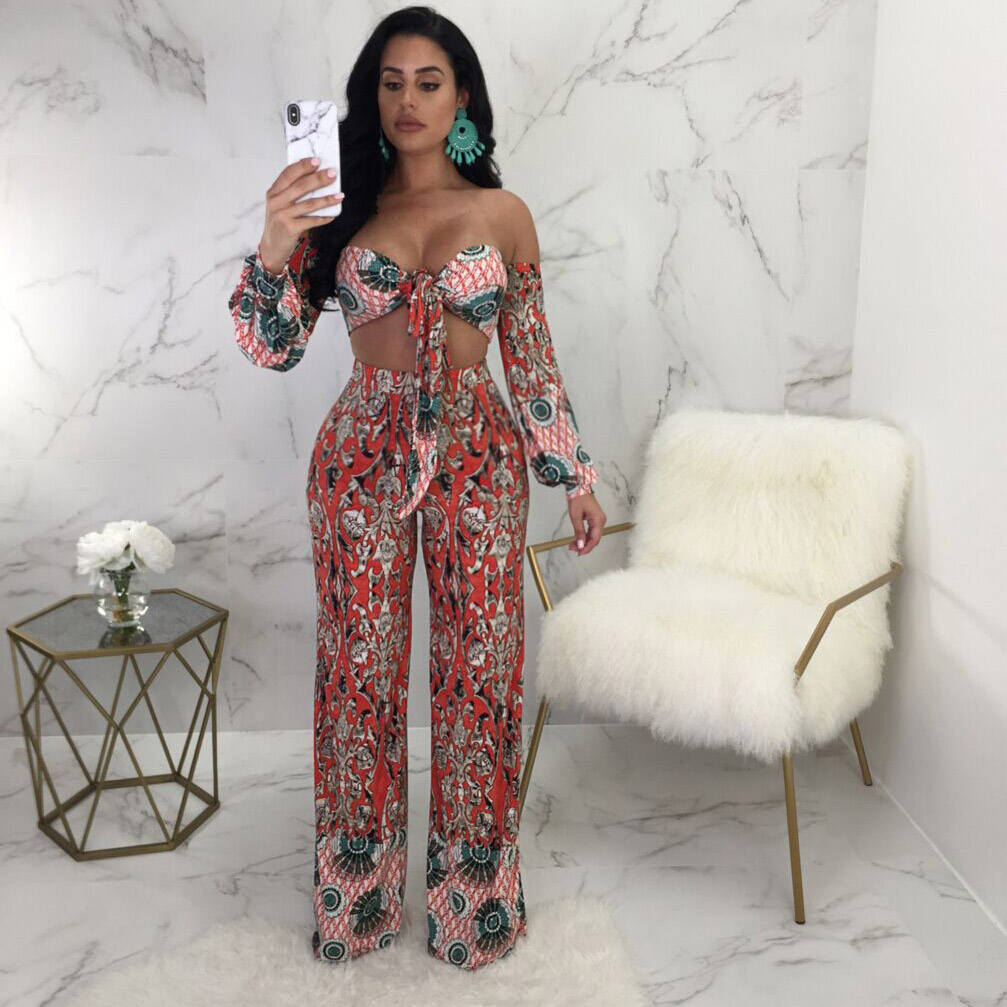 Bow Flower Print Strapless Long Sleeves Cami Top With High Waist Long Wide-leg Pants Two Pieces Set
