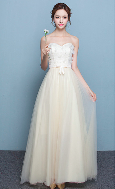 Strapless Flowers Empire Long Tulle Party Bridesmaid Dress