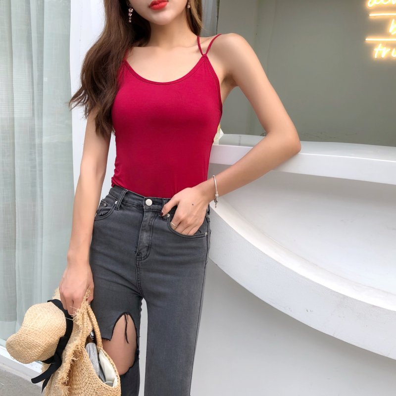 Backless Spaghetti Strap Pure Color Sleeveless Short Tank Camicose Crop Top