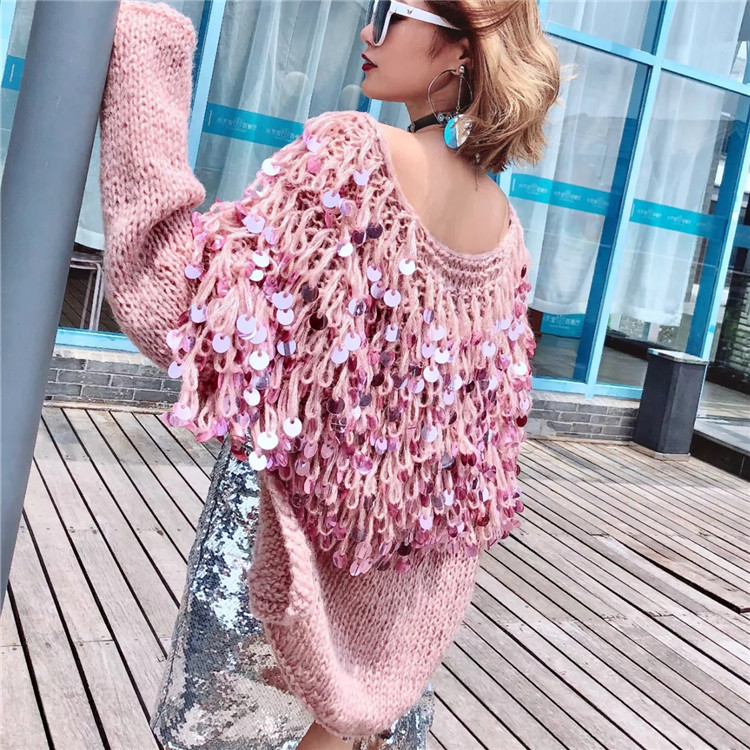 Tassels Sequins Loose Knit Women Oversized Cocoon Cardigan