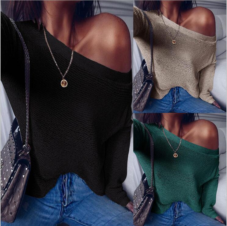 Off The Shoulder Pure Color Loose Women Knit Pullover Sweater